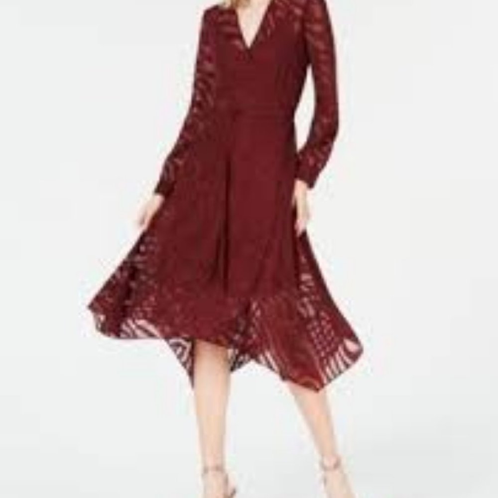 Bar III Burnout Wrap Dress Blouson Sleeve Red